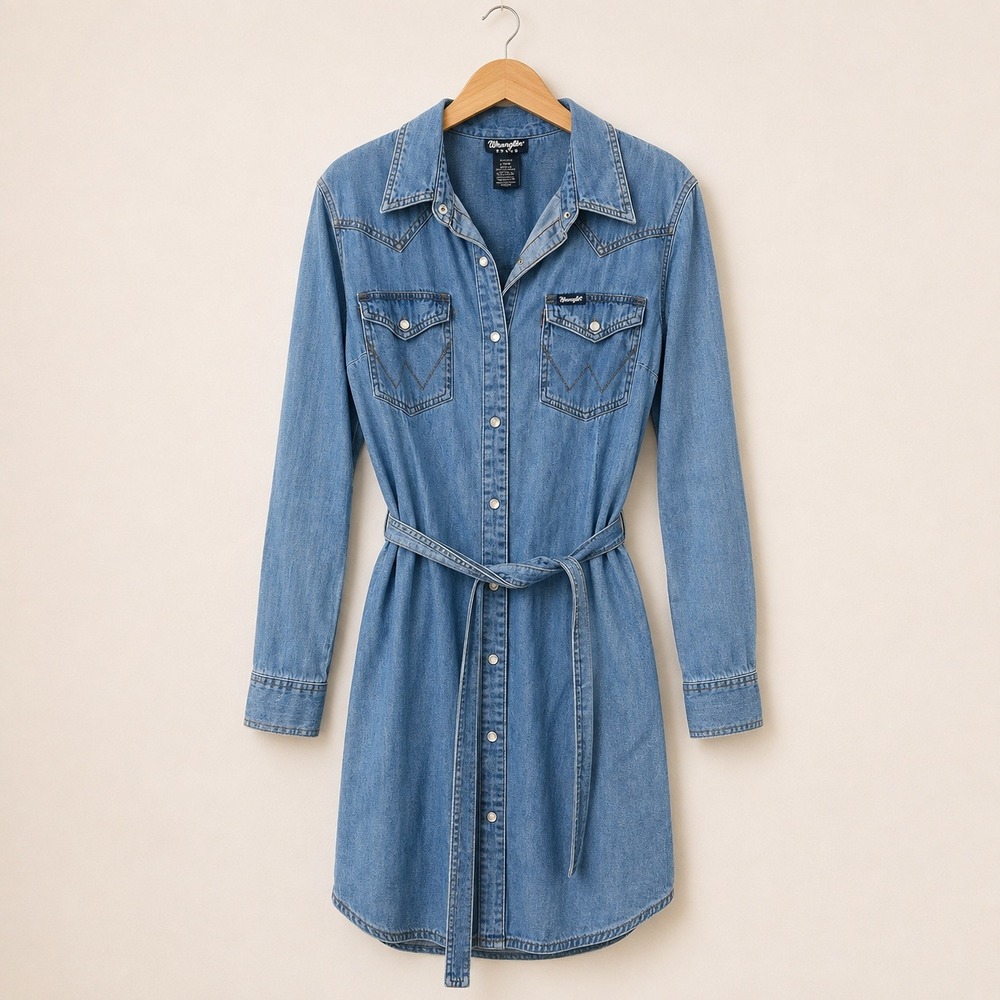 Wrangler Retro Coastal Cowgirl Denim Western Shirt Dress Women L Boho Rustic
